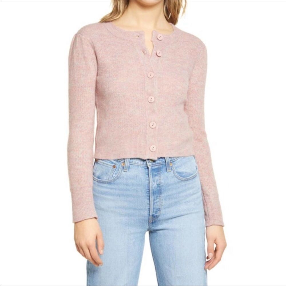 WAYF Pointelle Cardigan Wool-Blend Puff Shoulders Button Front in Blush Size L